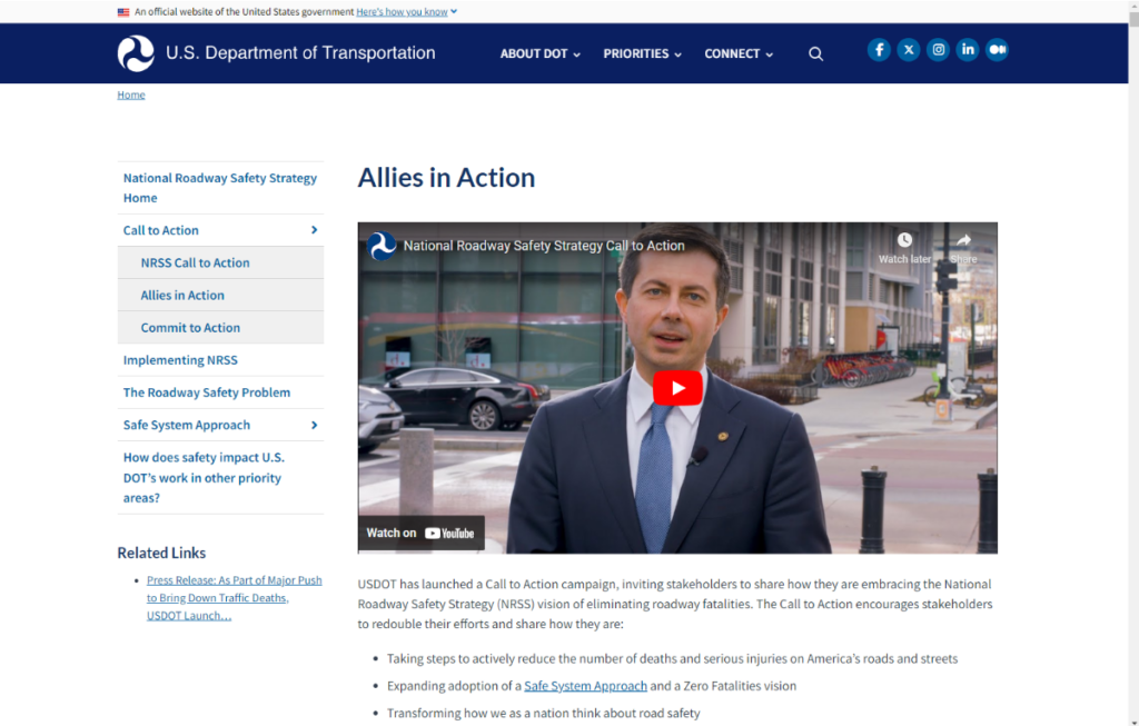 A screenshot of the U.S. DOT Allies in Action webpage features a video of Transportation Secretary Pete Buttigieg